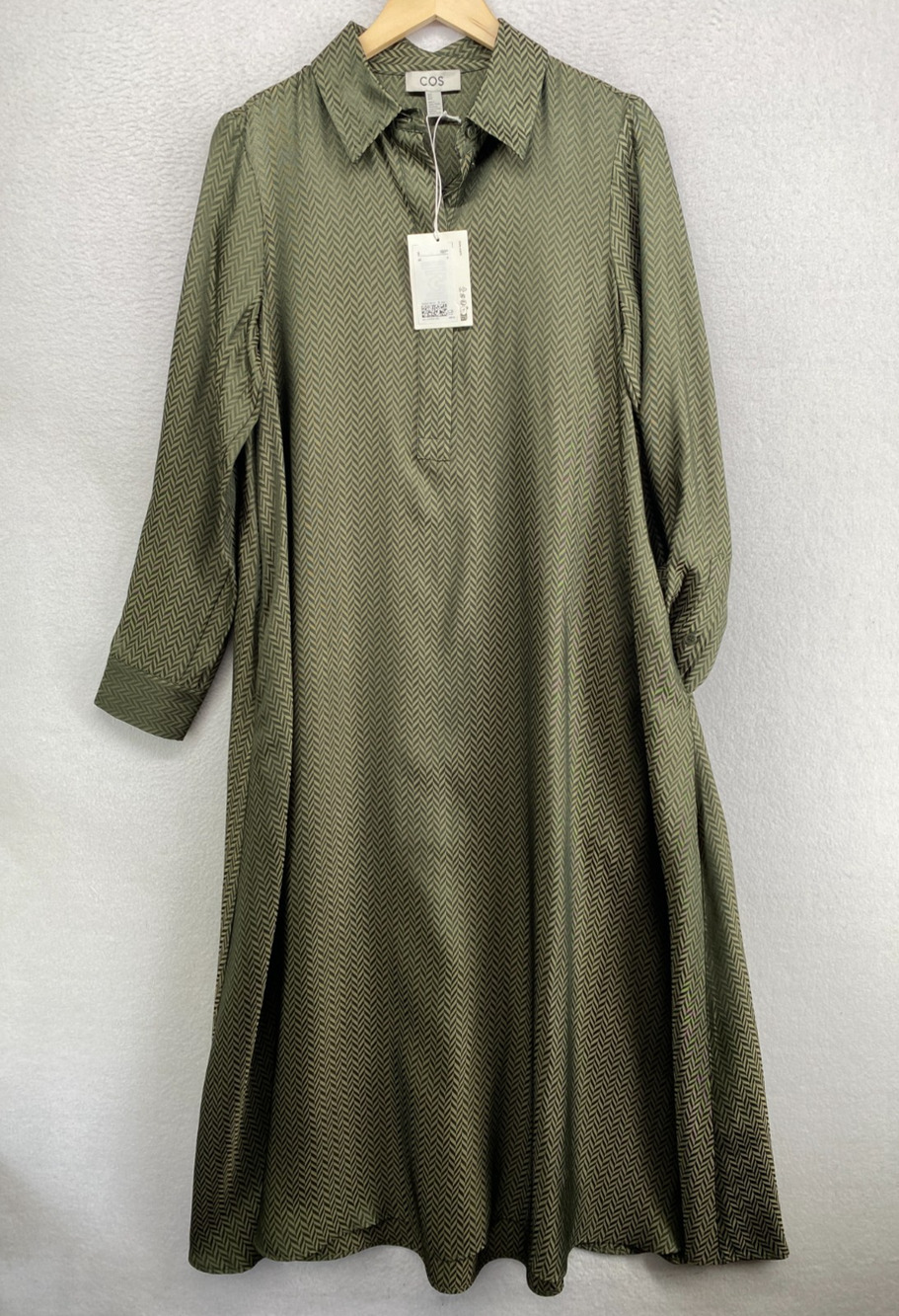 COS Dress 8 Herringbone Maxi Shirtdress Jacquard Popover Kaftan Satin Green NEW